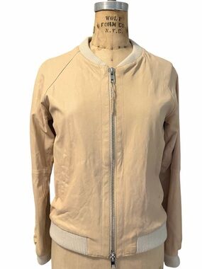 IQ+BERLIN Y2K Leather Beige Women's Bomber Jacket Size M